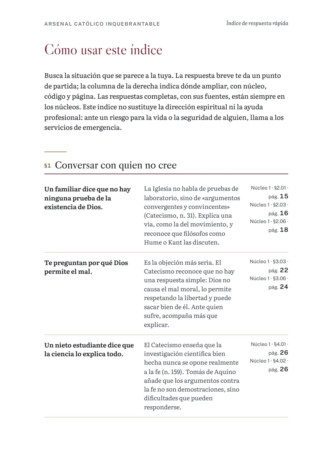 Página del índice de respuesta rápida con situaciones, respuestas y páginas
